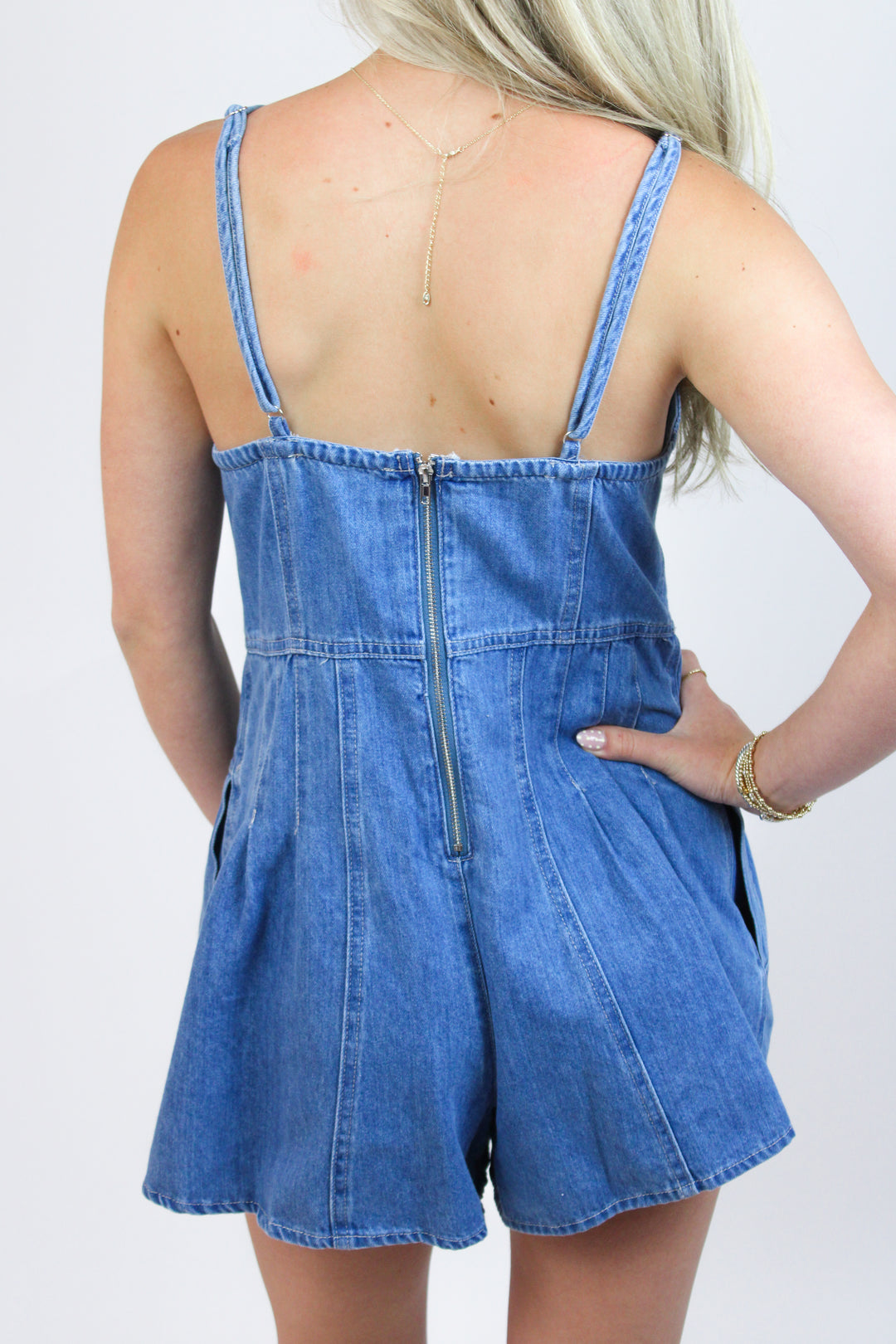 Home Team Denim Romper, Medium Wash