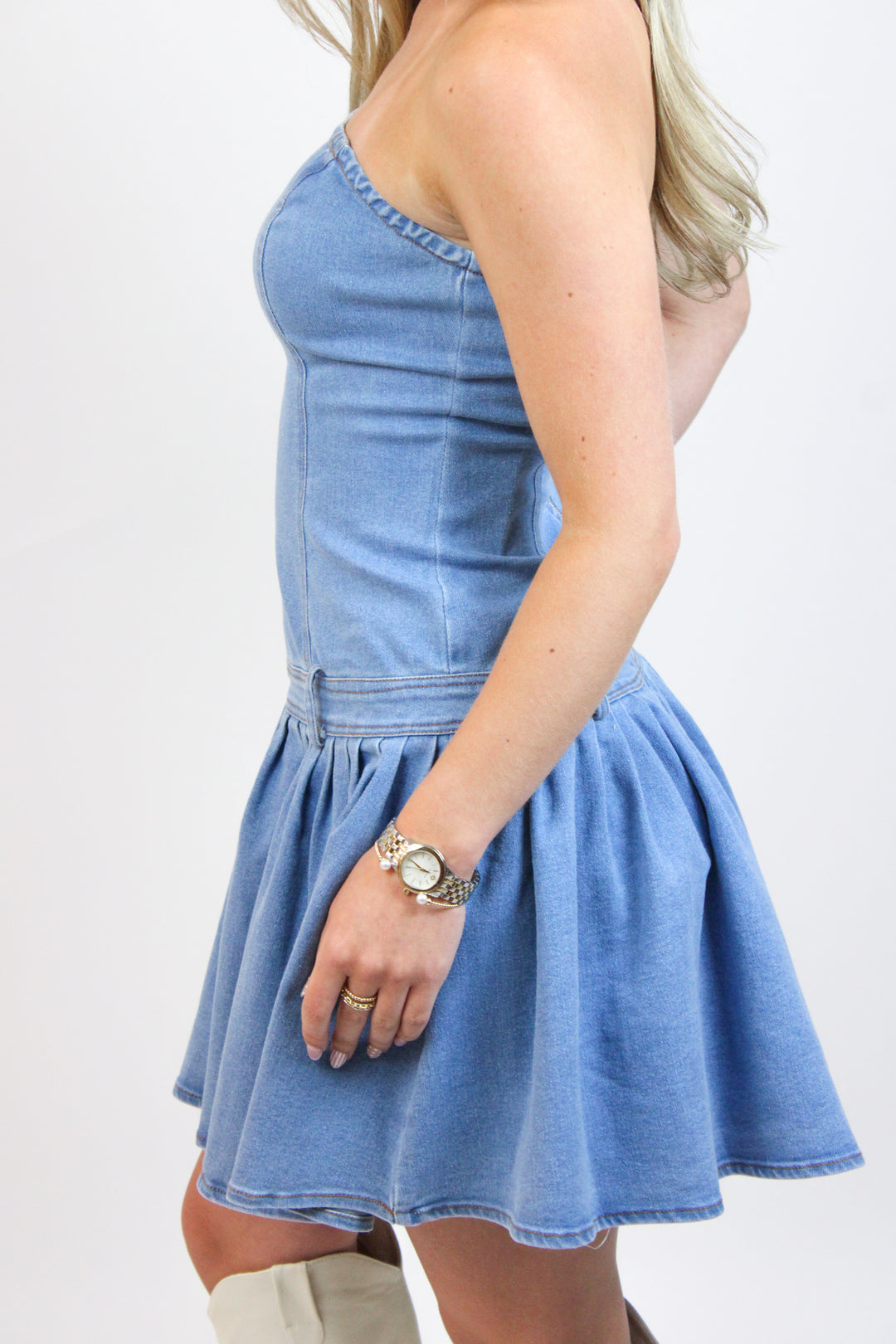 Yes Pleats Denim Mini Dress, Light Wash