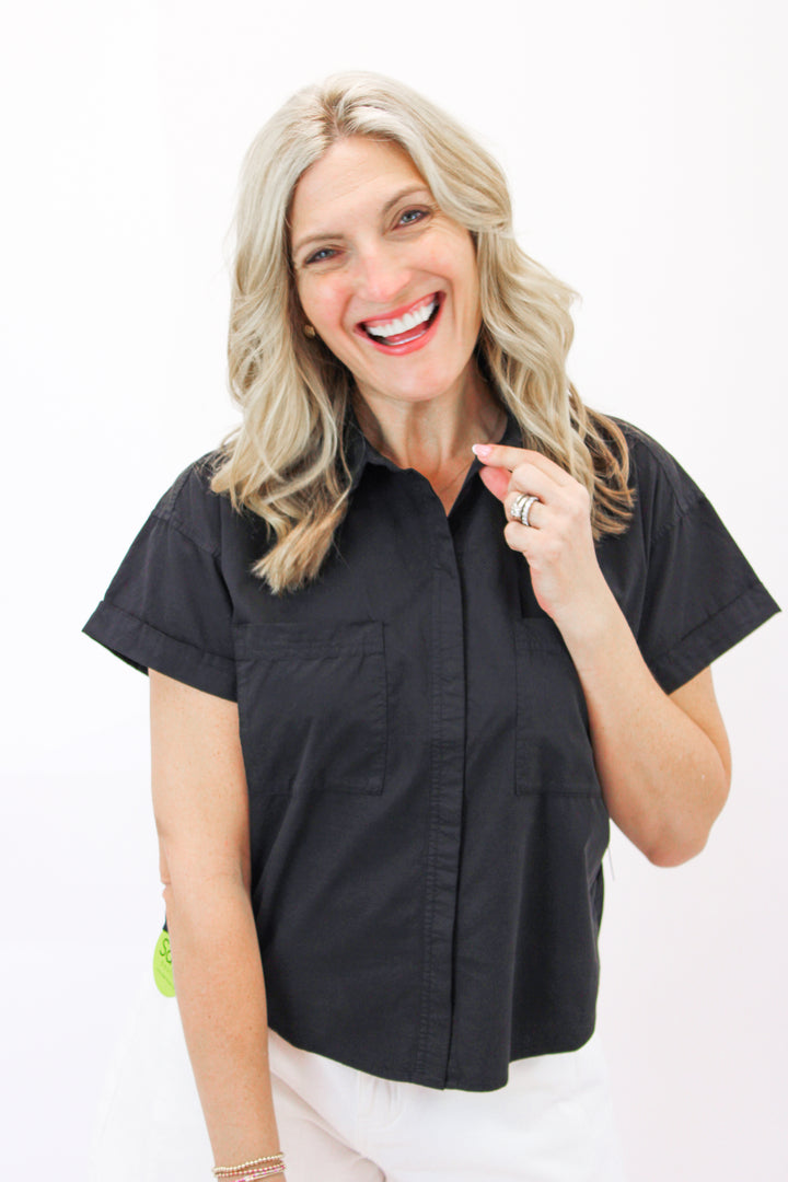 Boxy Two Pocket Short Sleeve Shirt, Black