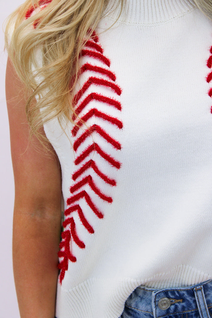 White Baseball Stitch Sweater Vest, White