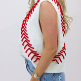 White Baseball Stitch Sweater Vest, White