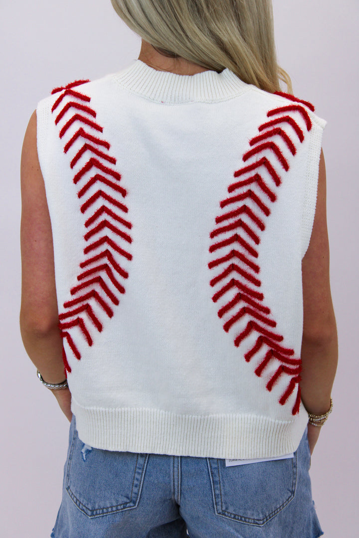 White Baseball Stitch Sweater Vest, White