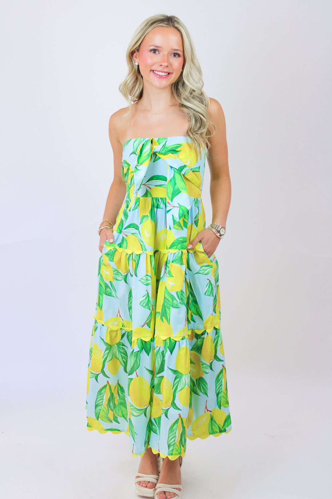 Elena Strapless Midi Dress, Limoncello