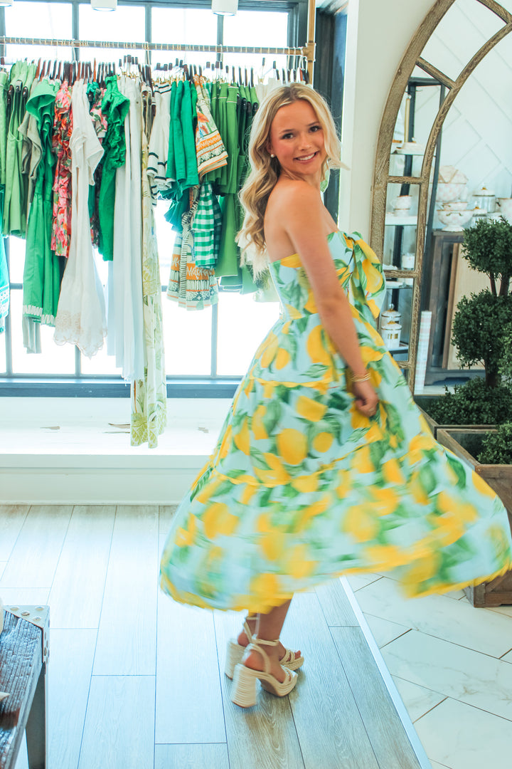 Elena Strapless Midi Dress, Limoncello