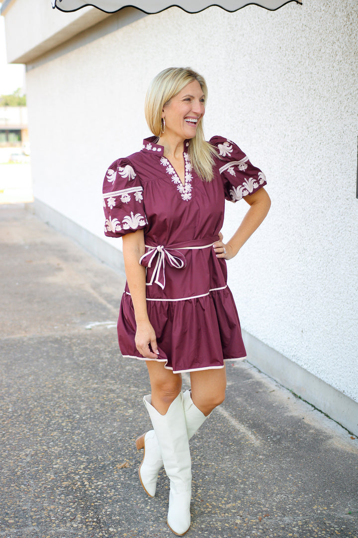 Campus Classic Tiered Mini Dress, Maroon
