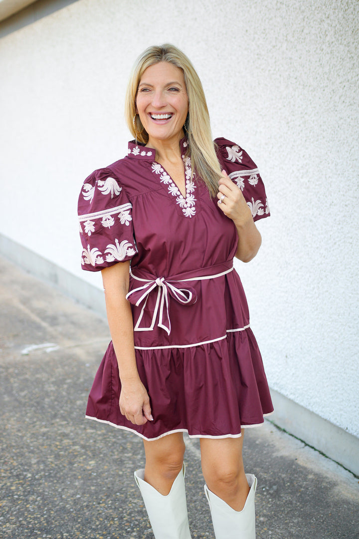 Campus Classic Tiered Mini Dress, Maroon