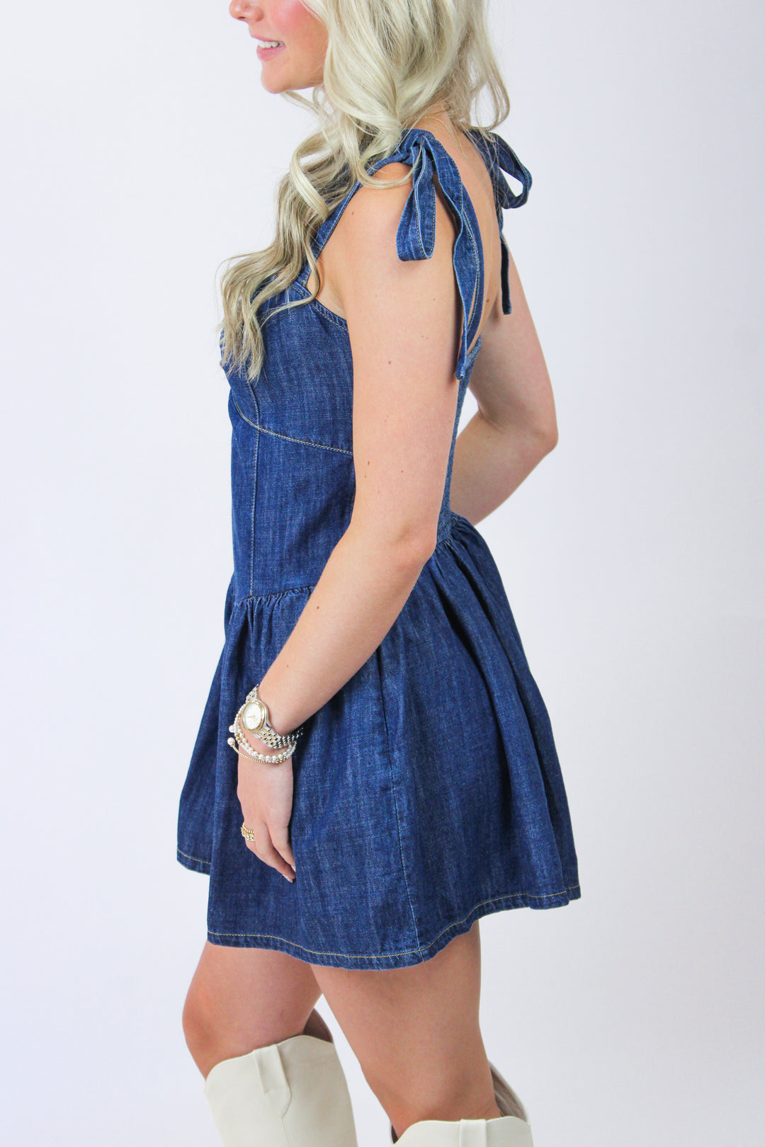 No Fumbles Here Denim Romper, Dark Wash