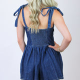 No Fumbles Here Denim Romper, Dark Wash