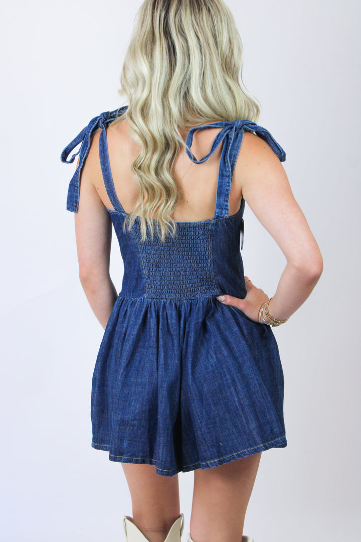 No Fumbles Here Denim Romper, Dark Wash