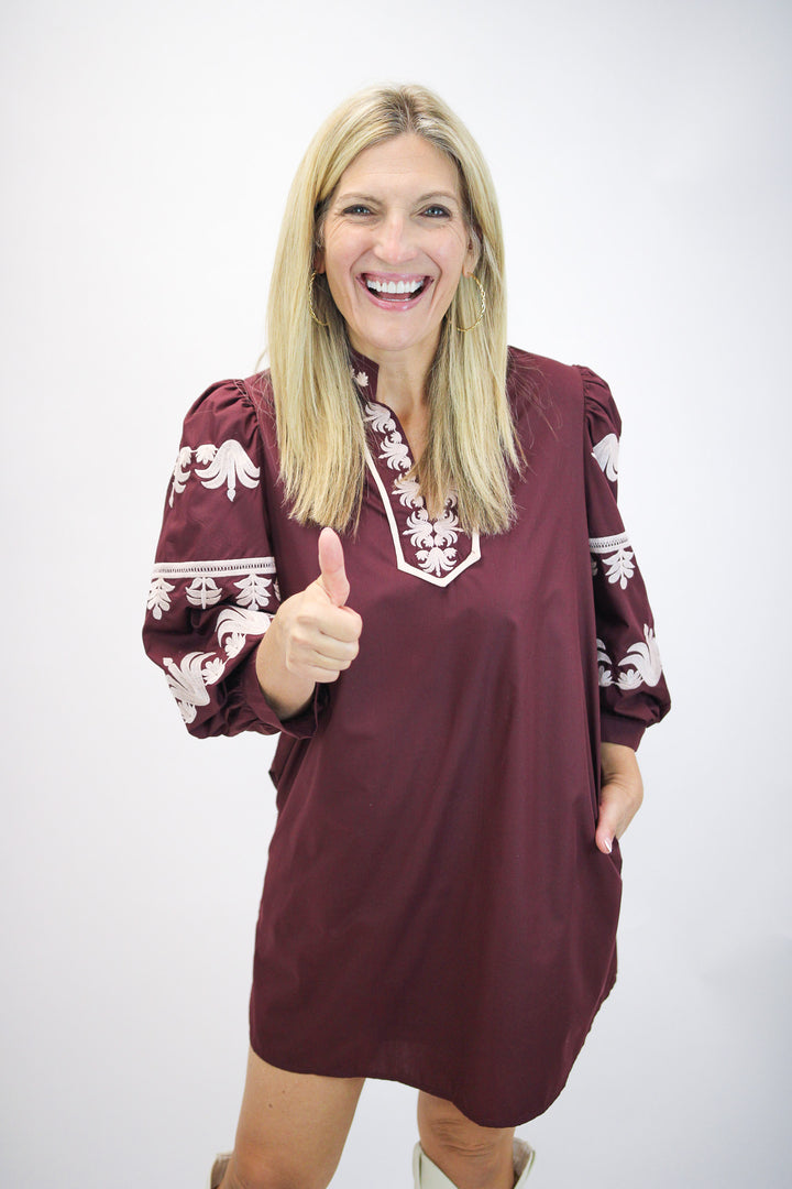 Campus Classic Balloon Sleeve Mini Dress, Maroon