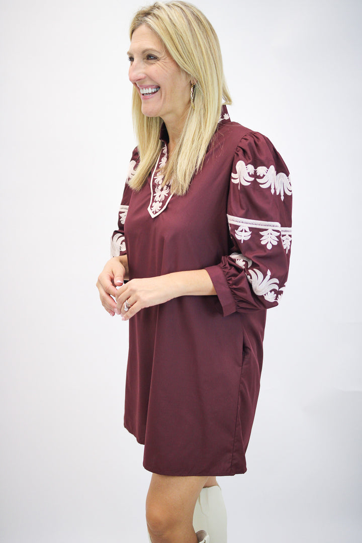 Campus Classic Balloon Sleeve Mini Dress, Maroon