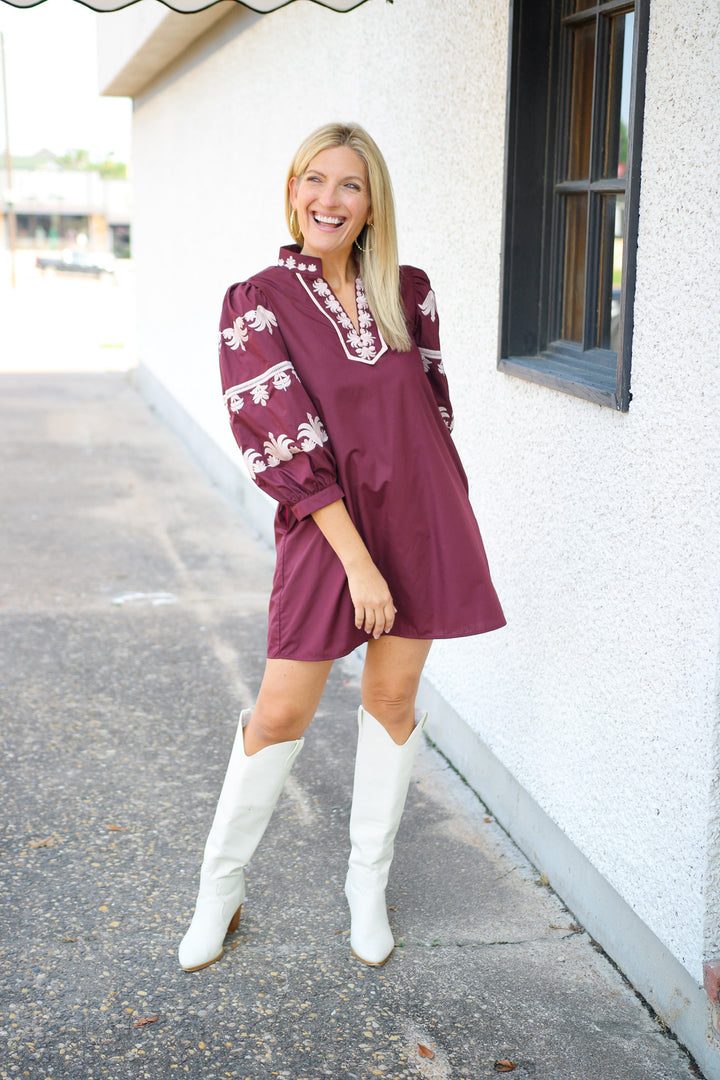Campus Classic Balloon Sleeve Mini Dress, Maroon