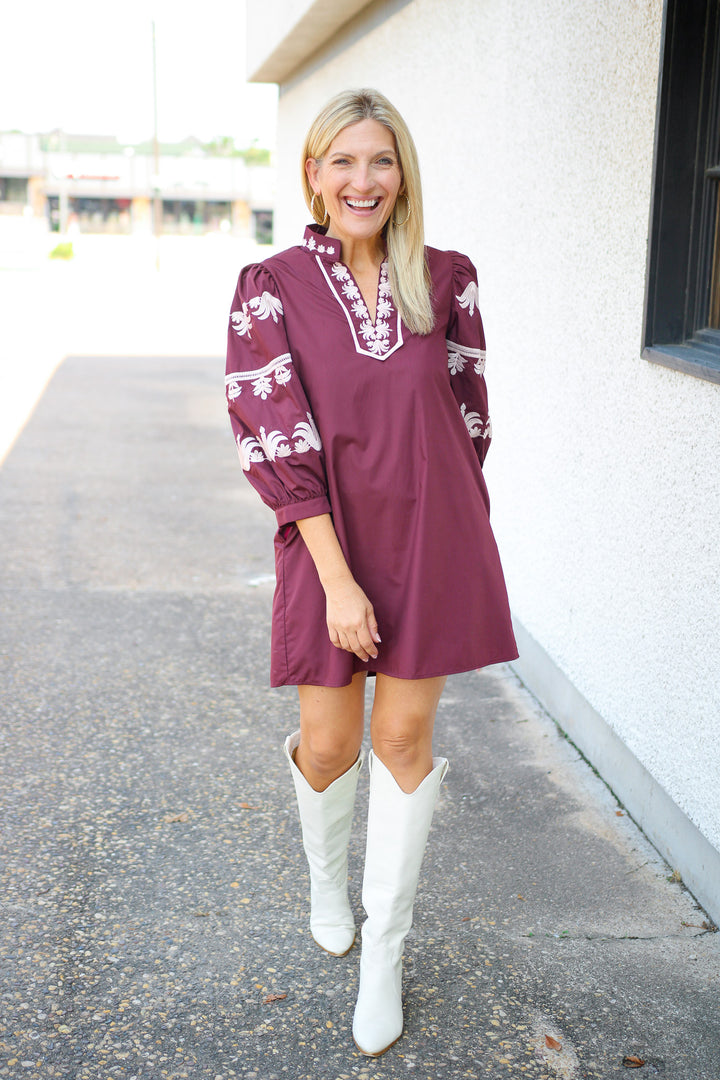 Campus Classic Balloon Sleeve Mini Dress, Maroon