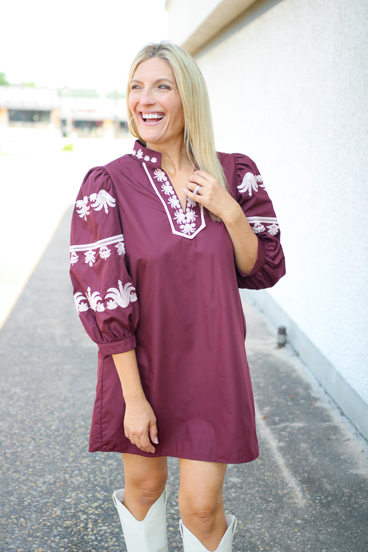 Campus Classic Balloon Sleeve Mini Dress, Maroon