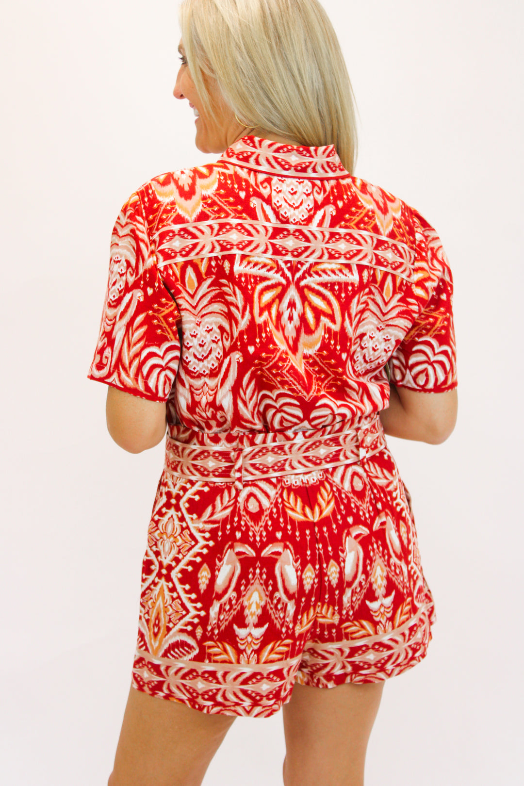 Tropical Tapestry Romper, Red