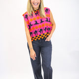 Checker Trim Halloween Icon Tank, Hot Pink/Orange/Black