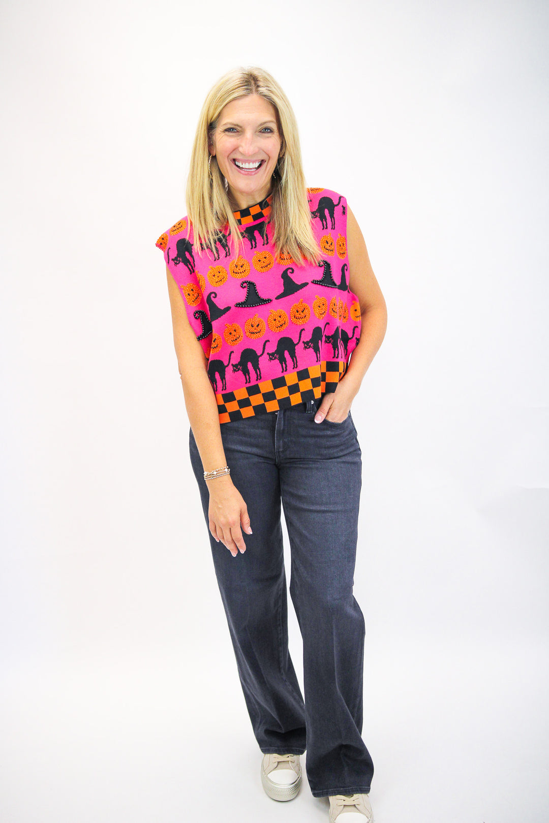 Checker Trim Halloween Icon Tank, Hot Pink/Orange/Black