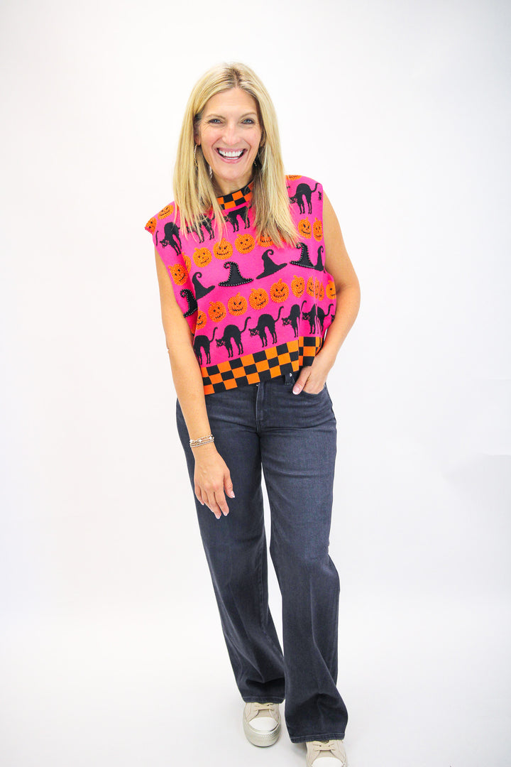 Checker Trim Halloween Icon Tank, Hot Pink/Orange/Black