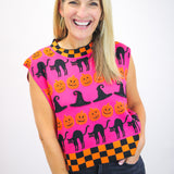 Checker Trim Halloween Icon Tank, Hot Pink/Orange/Black