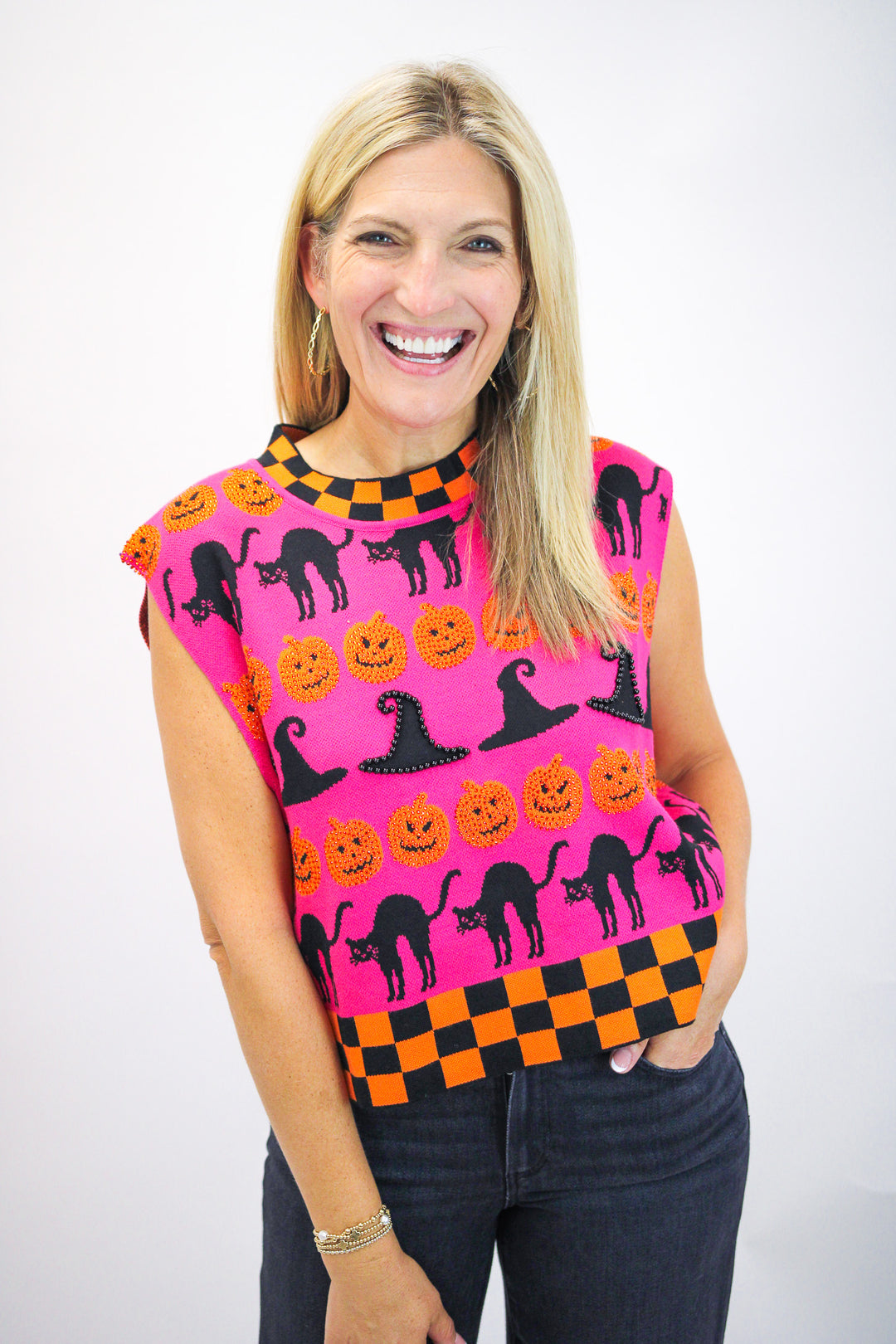 Checker Trim Halloween Icon Tank, Hot Pink/Orange/Black