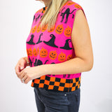 Checker Trim Halloween Icon Tank, Hot Pink/Orange/Black