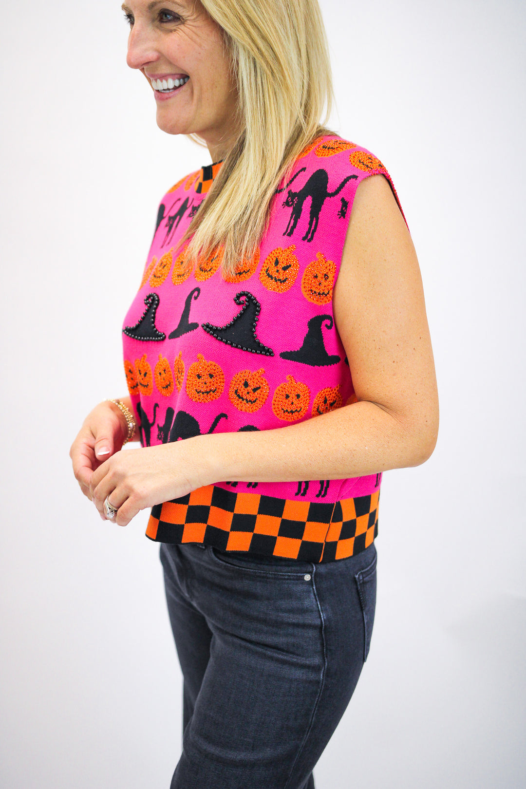 Checker Trim Halloween Icon Tank, Hot Pink/Orange/Black