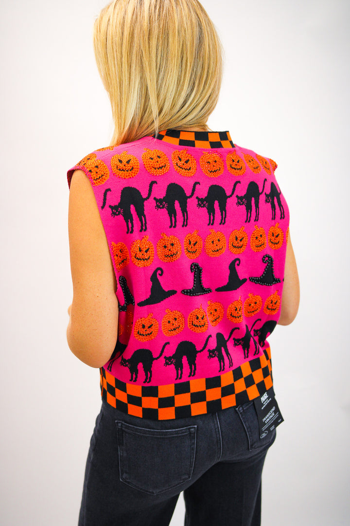 Checker Trim Halloween Icon Tank, Hot Pink/Orange/Black