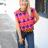 Checker Trim Halloween Icon Tank, Hot Pink/Orange/Black