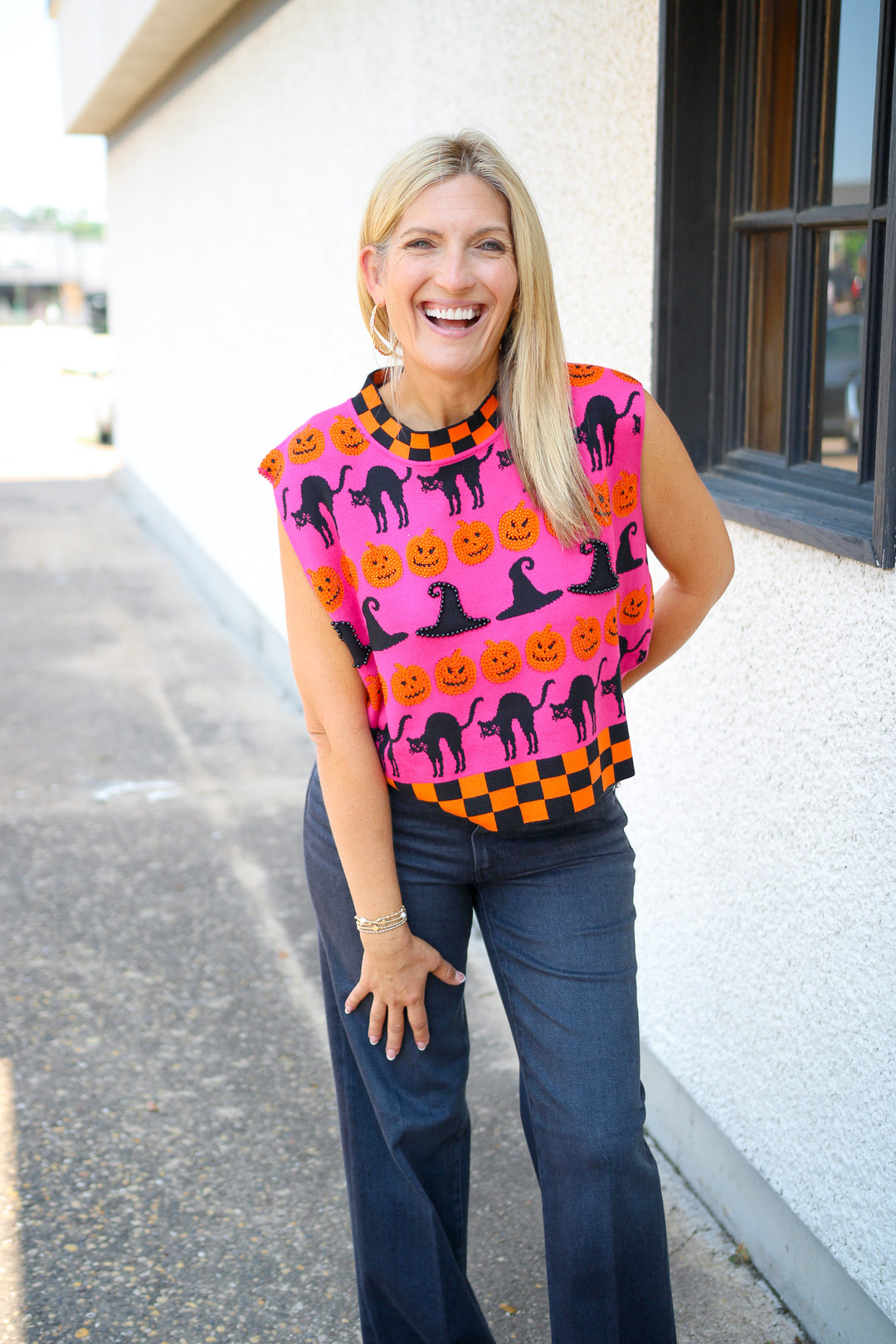 Checker Trim Halloween Icon Tank, Hot Pink/Orange/Black