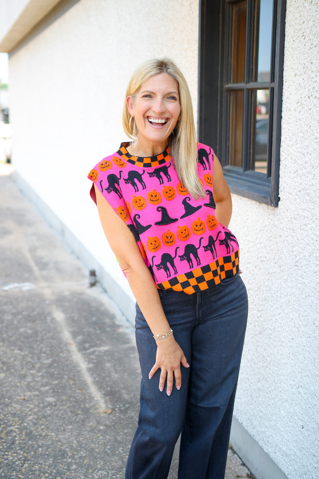 Checker Trim Halloween Icon Tank, Hot Pink/Orange/Black
