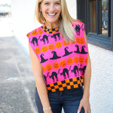 Checker Trim Halloween Icon Tank, Hot Pink/Orange/Black