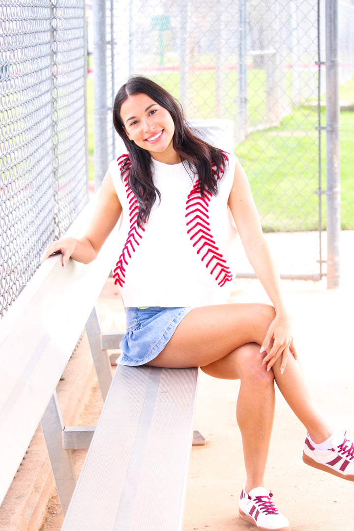 White Baseball Stitch Sweater Vest, White