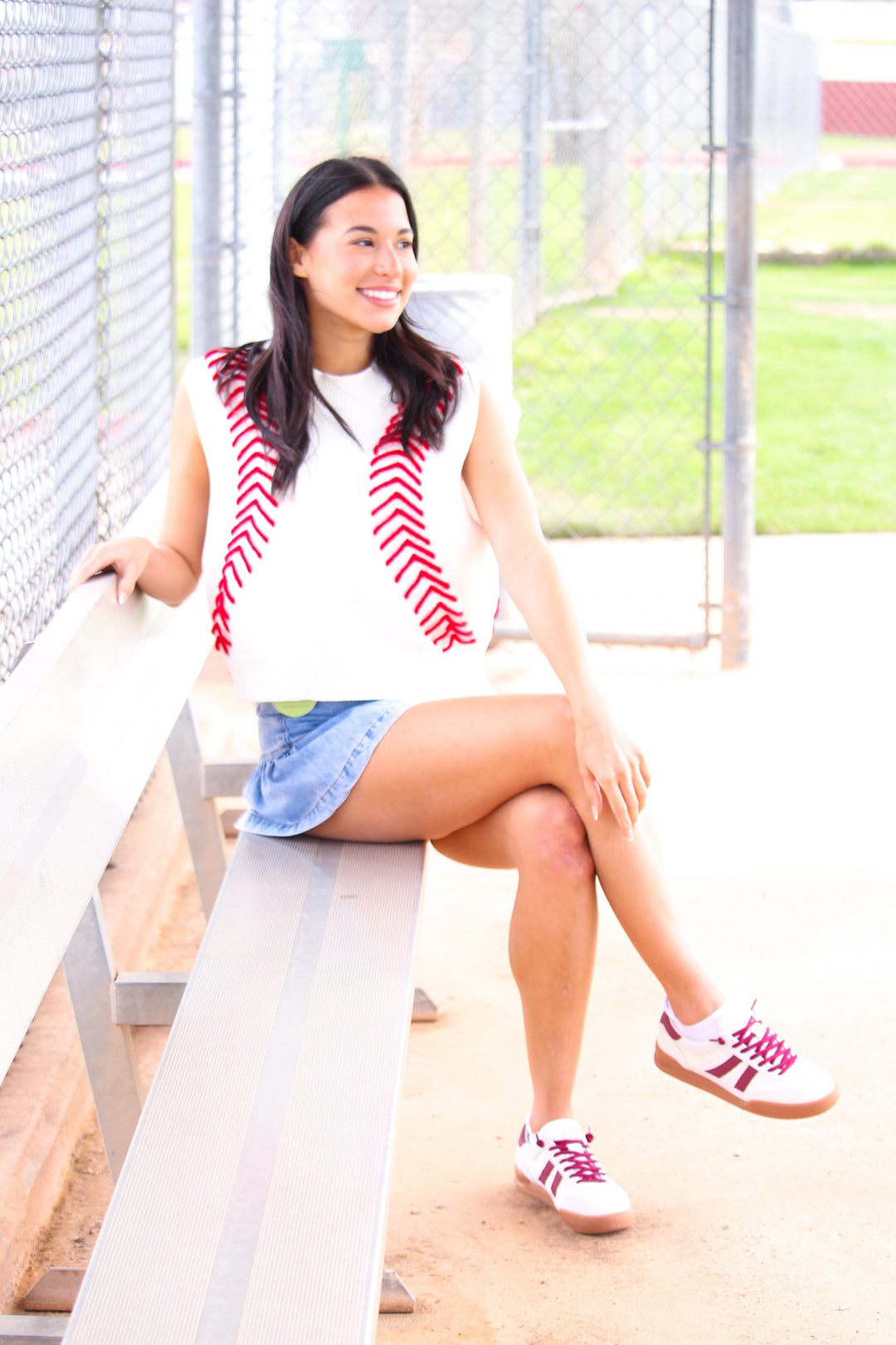 White Baseball Stitch Sweater Vest, White