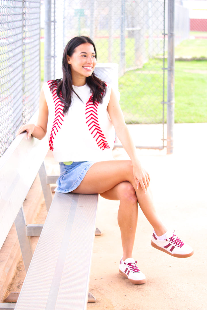 White Baseball Stitch Sweater Vest, White