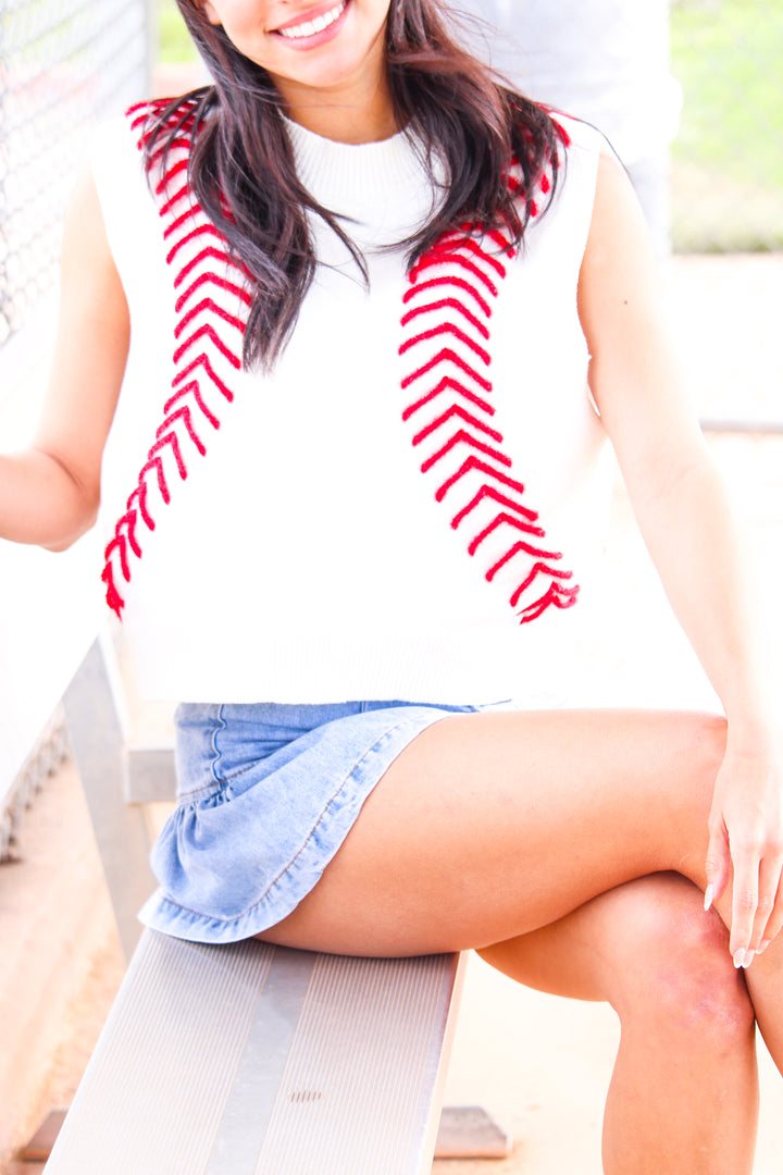 White Baseball Stitch Sweater Vest, White