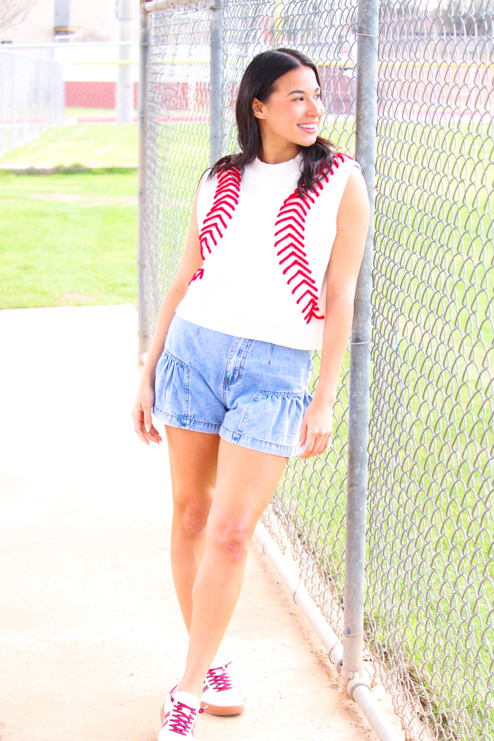 White Baseball Stitch Sweater Vest, White
