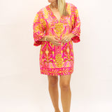 Pineapple Tapestry V Neckline Tunic Dress, Pink