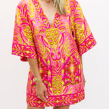 Pineapple Tapestry V Neckline Tunic Dress, Pink