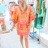 Pineapple Tapestry V Neckline Tunic Dress, Pink