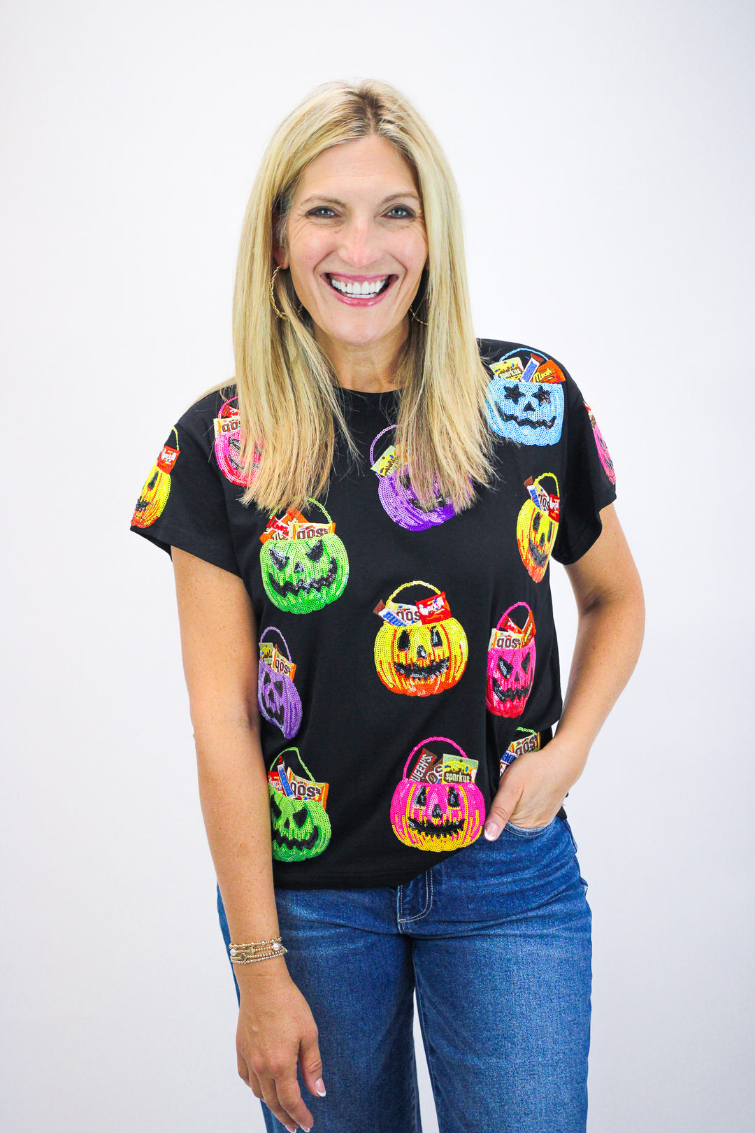 Candy In Halloween Baskets Tee, Black/Multi