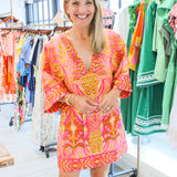 Pineapple Tapestry V Neckline Tunic Dress, Pink