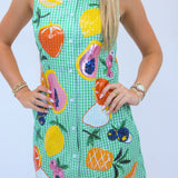 Green Gingham Fruit Button Up Tank Dress