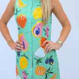 Green Gingham Fruit Button Up Tank Dress