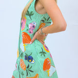 Green Gingham Fruit Button Up Tank Dress