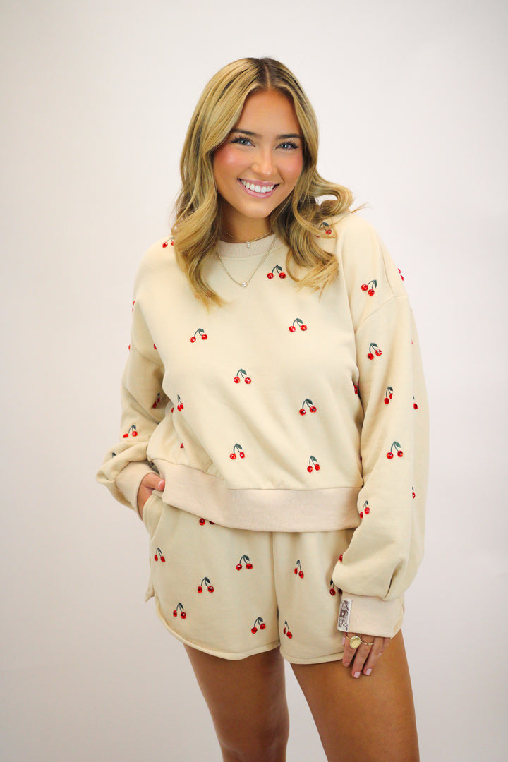 Jeweled Cherry Sweatshirt, Tan