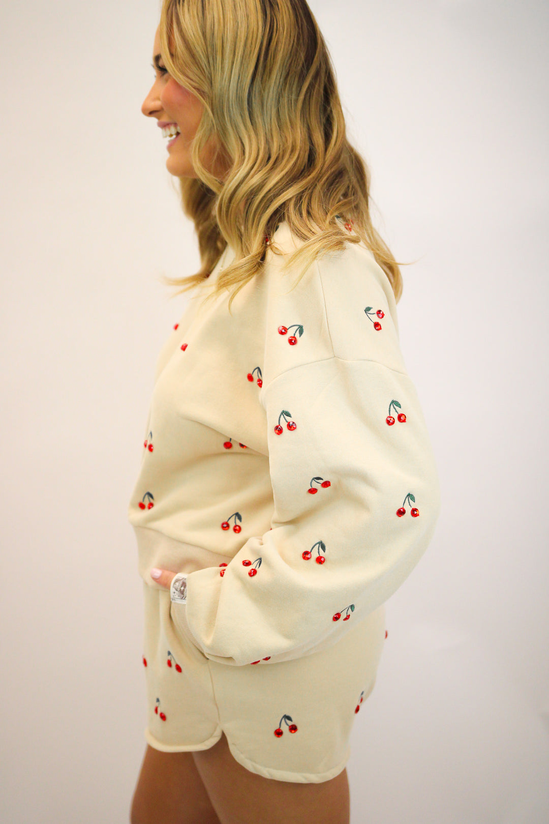 Jeweled Cherry Sweatshirt, Tan