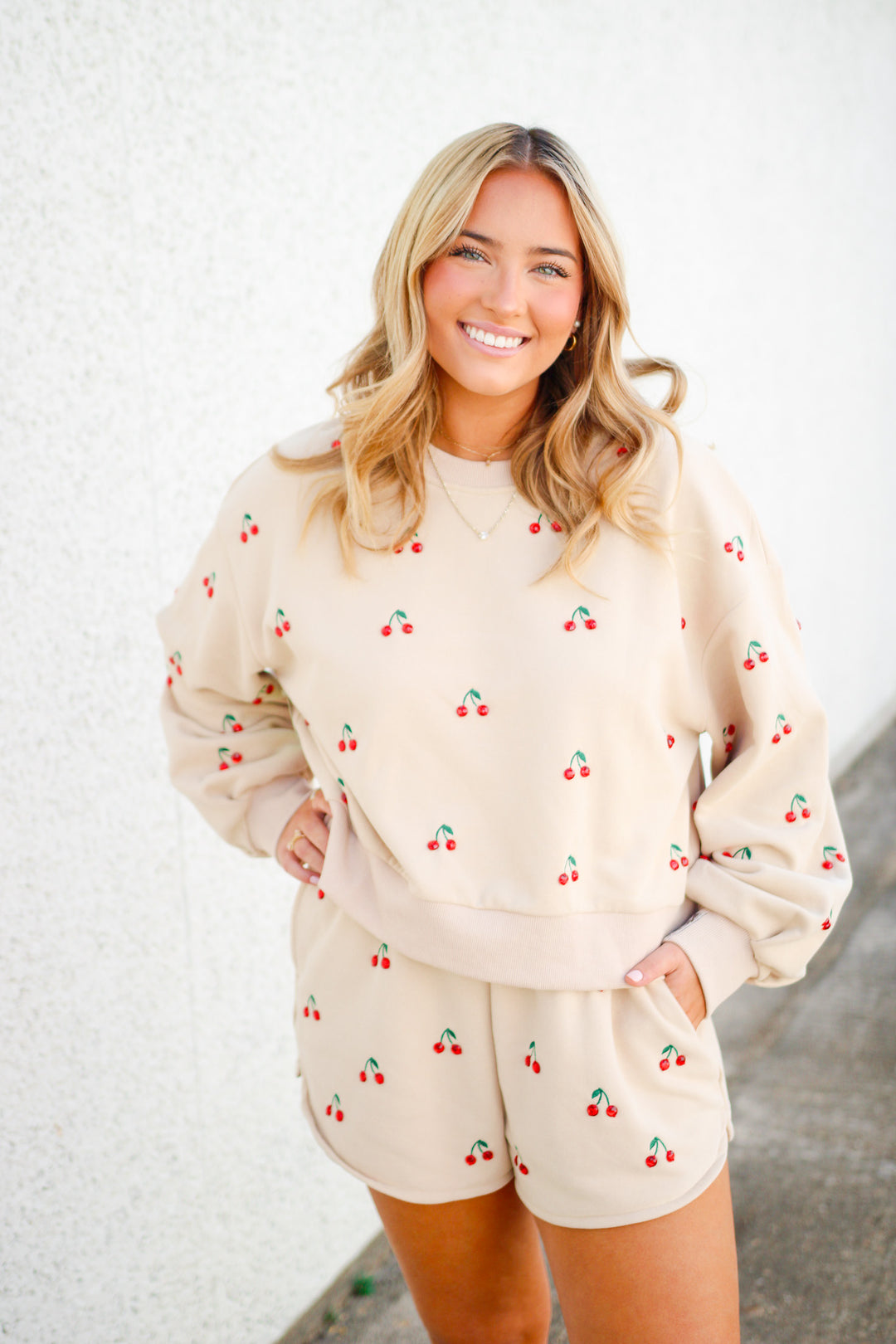 Jeweled Cherry Sweatshirt, Tan