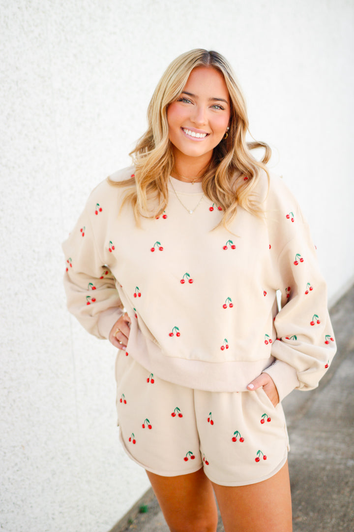 Jeweled Cherry Sweatshirt, Tan