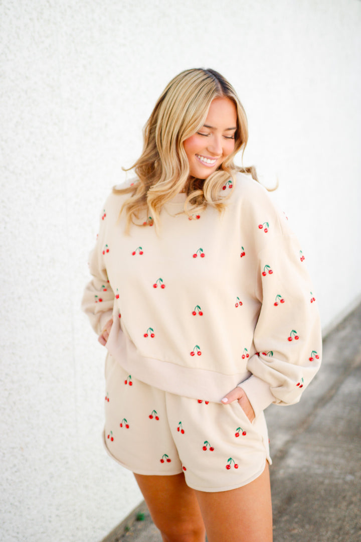 Jeweled Cherry Sweatshirt, Tan