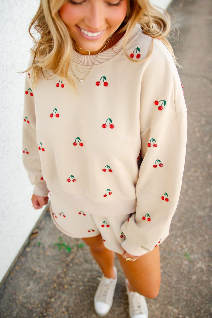 Jeweled Cherry Sweatshirt, Tan